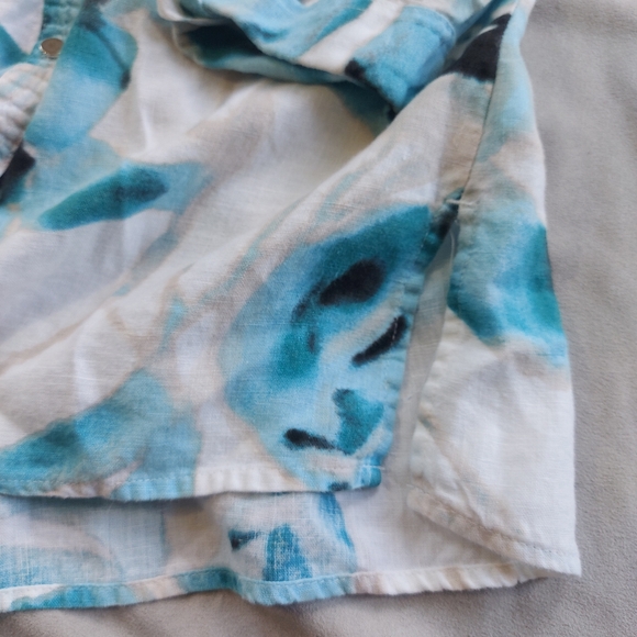 JM Collection Floral Abstract Blue White Linen Button Up 3/4 Sleeve, 4P - Picture 5 of 8